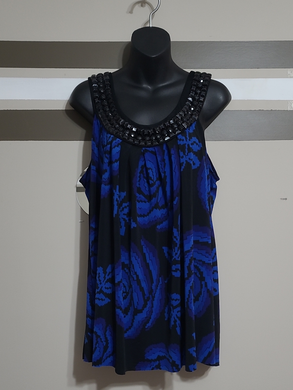 Le Chateau Black/Blue Beaded Scoop Neck Floral Print Slvless Y2K Top Sz Large